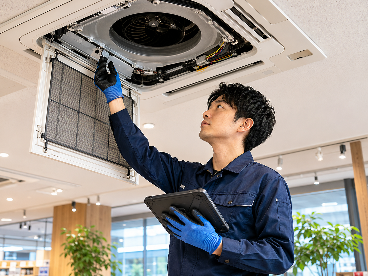 天井カセット型の業務用エアコンを点検清掃する作業写真